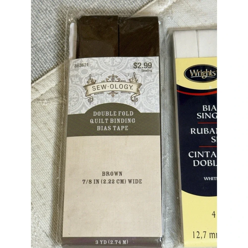 Lot of 3‎ Wrights & Sew-Ology Bias Tape & Quilt Binding - Blue, White, Brown